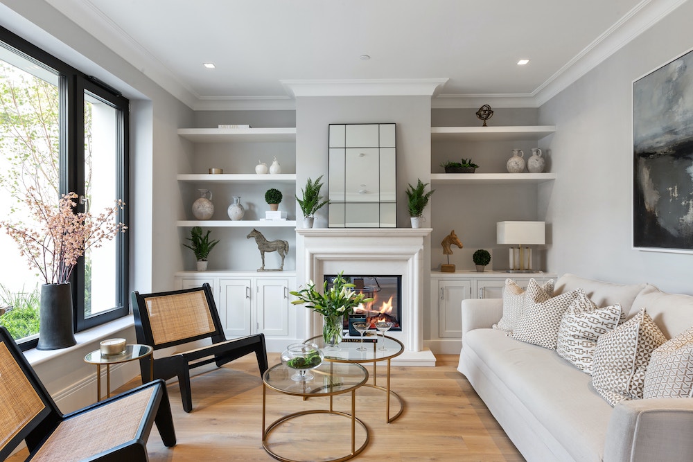 living room with large black-framed windows